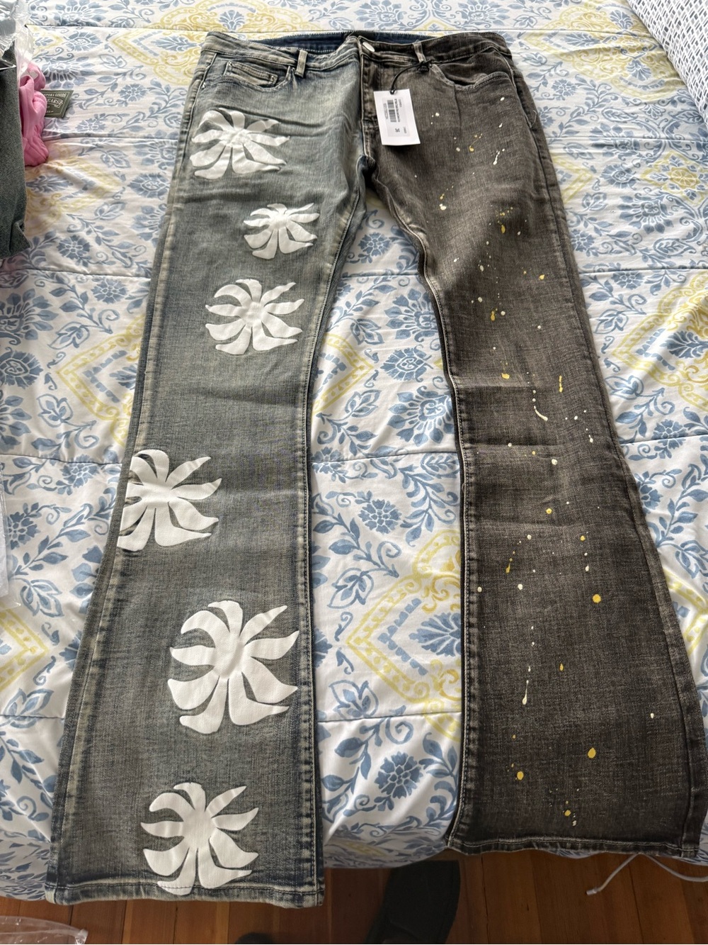 Cooper 9 Men’s Gray Flare Jeans with White Floral Prints and Yellow Paint